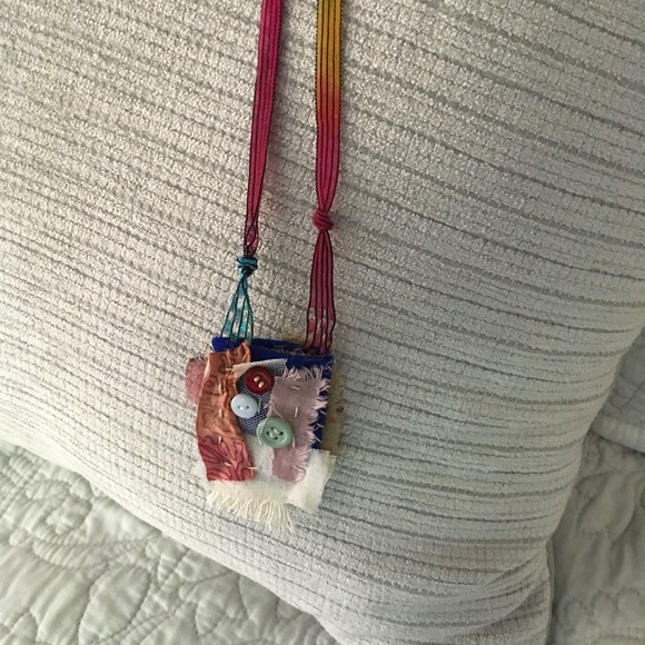 Boho Patchwork Fabric Button Amulet Necklace Art Handmade - Picture 4 of 10